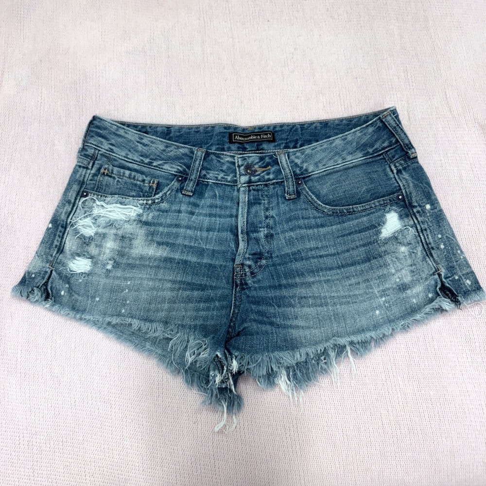 Abercrombie & Fitch Jean Shorts Womens 28 Blue Distressed Frayed Bleach Splat